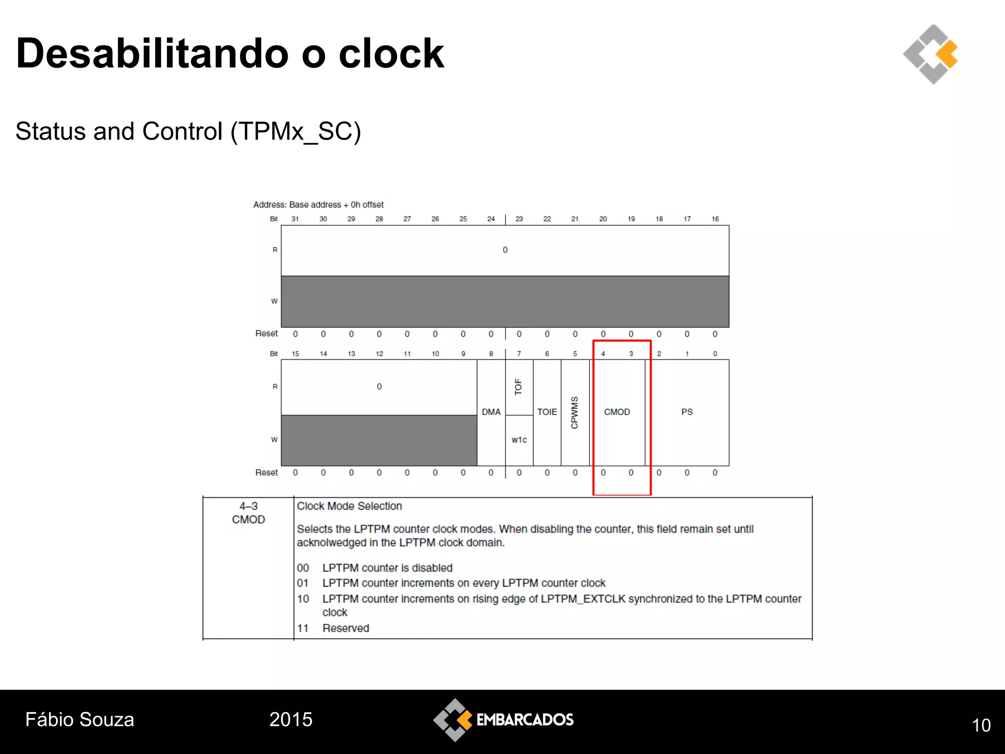 Fábio Souza 2015
Desabilitando o clock
Status and Control (TPMx_SC)
10
 