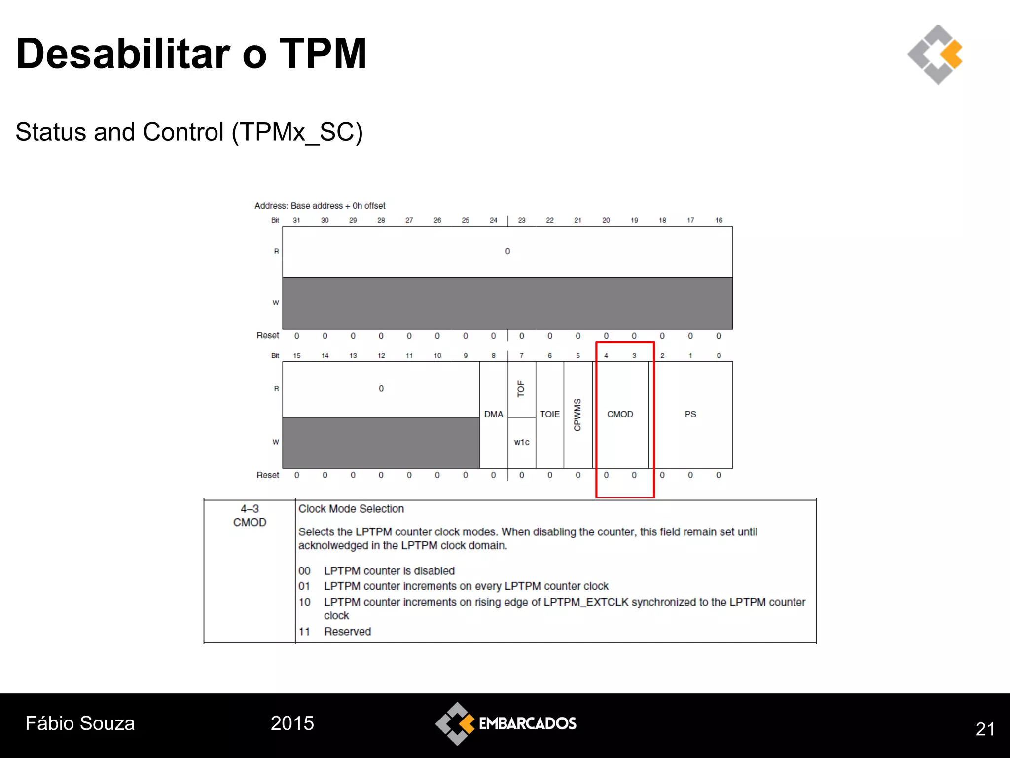 Fábio Souza 2015
Desabilitar o TPM
21
Status and Control (TPMx_SC)
 