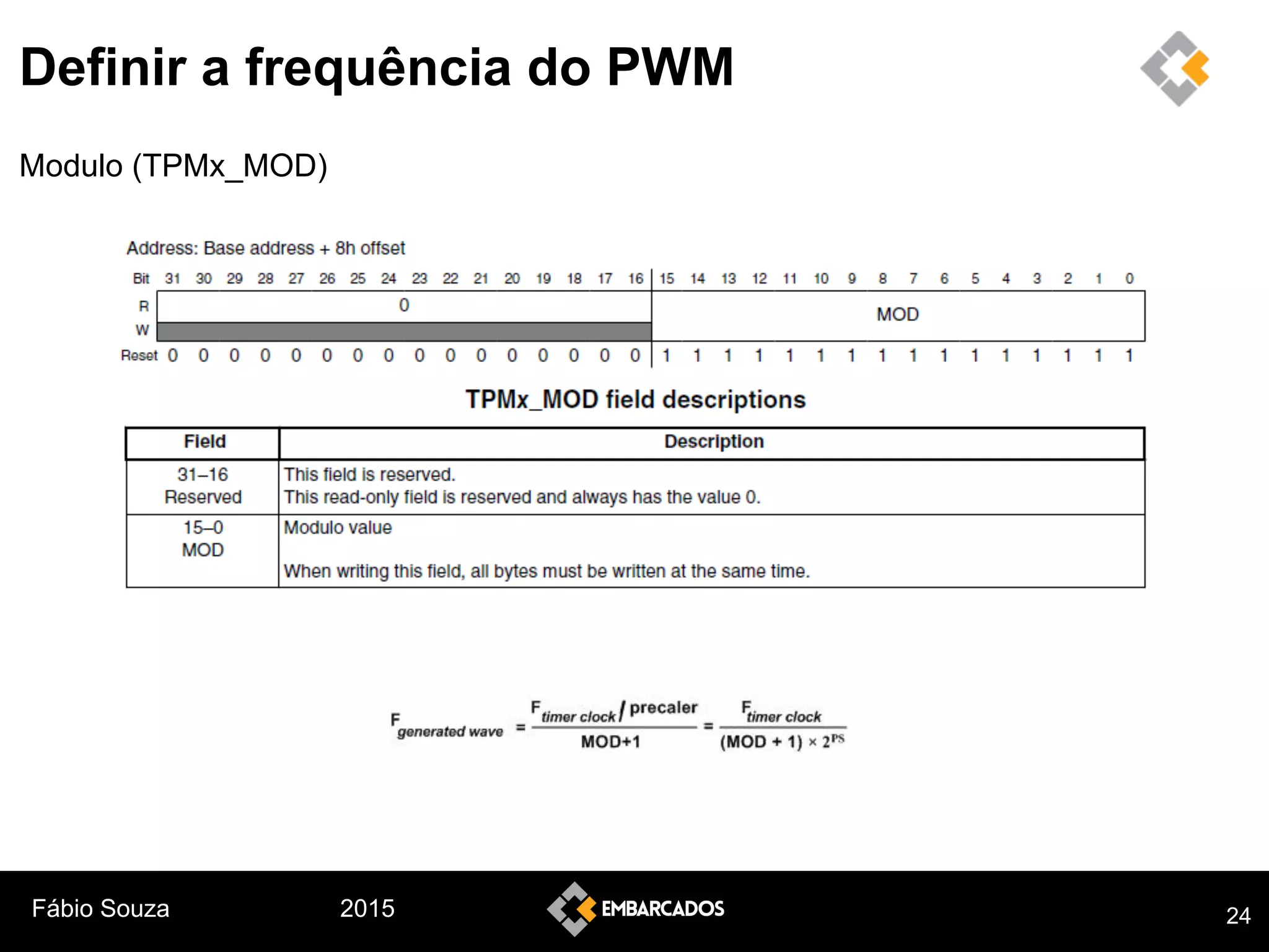 Fábio Souza 2015
Definir a frequência do PWM
Modulo (TPMx_MOD)
24
 