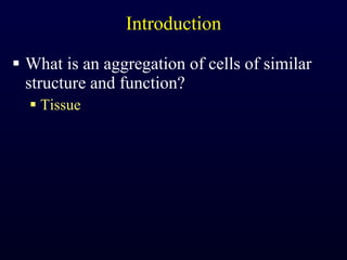 Introduction What is an aggregation of cells of similar structure and function? Tissue 