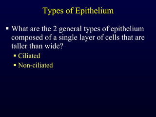 Types of Epithelium What are the 2 general types of epithelium composed of a single layer of cells that are taller than wide? Ciliated Non-ciliated 
