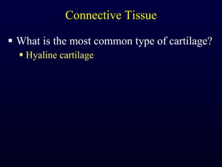 Connective Tissue What is the most common type of cartilage? Hyaline cartilage 