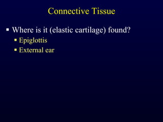 Connective Tissue Where is it (elastic cartilage) found? Epiglottis External ear 