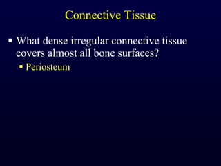 Connective Tissue What dense irregular connective tissue covers almost all bone surfaces? Periosteum 