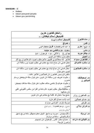 34
BAHAGIAN – C
 Refleksi
 Ulasan pensyarah penyelia
 Ulasan guru pembimbing
‫رانخغن‬‫ف‬‫غا‬‫جرن‬‫هارين‬
‫فنديديقن‬‫إ‬‫سالم‬‫تيغكاتن‬:1
1‫فالجرن‬ ‫مات‬ .‫فنديديقن‬‫إ‬‫سالم‬(‫جتويد‬)
2‫كلس‬ .1‫خمرلغ‬
3‫يخ‬‫ر‬‫ات‬ .‫هاري‬ /3‫االخري‬ ‫مجاد‬1435/3‫افريل‬2014/‫مخيس‬
4.‫ماس‬(12.00–11.20‫فاضي‬)40‫مينيت‬
5‫موريد‬ ‫بيلغن‬ .30‫اورغ‬‫لالكي‬ (:13،‫فرمفوان‬:17)
6‫تاجوق‬ .‫تنوين‬ ‫دان‬ ‫ساكنة‬ ‫نون‬ ‫حكوم‬
7‫اد‬ ‫سديا‬ ‫فغتاهوان‬ .‫تله‬ ‫فالجر‬‫ممفالجري‬‫كلبيهن‬‫بالجرحكوم‬‫تجويد‬‫دالم‬‫فالجران‬‫يغ‬‫اللو‬
8‫ستندرد‬ .‫كاندوغن‬‫م‬‫تجويد‬ ‫حكوم‬ ‫مغندوغي‬ ‫يغ‬ ‫ايات‬ ‫مباخ‬ ‫دان‬ ‫فستي‬ ‫غنل‬‫ساكنة‬ ‫نون‬‫دان‬
‫تنوين‬
9‫ستندرد‬ .‫فمبالجرن‬‫تجويد‬ ‫حكوم‬ ‫مغندوغي‬ ‫يغ‬ ‫ايات‬ ‫مباخ‬ ‫دان‬ ‫فستي‬ ‫مغنل‬‫ساكنة‬ ‫نون‬‫دان‬
‫بتول‬ ‫دغن‬ ‫تنوين‬
10‫اوبجيكتيف‬ .
‫فمبالجر‬‫ن‬
‫دافت‬ ‫فالجر‬ ‫فمبالجرن‬ ‫دان‬ ‫فغاجرن‬ ‫فروسيس‬ ‫سلفس‬:
1.‫تعريف‬ ‫مثبوت‬‫ساكنة‬ ‫نون‬‫برسام‬ ‫فربينخغن‬ ‫ستله‬ ‫بتول‬ ‫دغن‬ ‫تنوين‬ ‫دان‬
‫ضورو‬
2.‫مثبوت‬‫خونتوه‬2‫باضي‬‫ستاف‬‫حكوم‬‫دغن‬‫بتول‬‫ستله‬‫مندافت‬‫بيمبيغن‬
‫ضورو‬
3.‫مغافليكاسيكن‬‫حكوم‬‫دالم‬ ‫تجويد‬‫باخاءن‬‫سلفس‬ ‫القراءن‬‫اكتيويتي‬‫تلقي‬
‫دان‬‫مشافهه‬
11‫كماهيرن‬ .‫فيكري‬‫ر‬‫ب‬‫بيذا‬ ‫بنديغ‬‫مغاندوغي‬ ‫يغ‬ ‫كلمة‬ ‫فد‬ ‫باخأن‬‫تنوي‬ ‫دان‬‫ن‬
12‫ضابوغجالين‬ .)‫القرءان‬ ‫ممباخ‬ ‫(ادب‬ ‫ادب‬
13‫فثرفن‬ .‫(ترنم‬ ‫موزيك‬-)‫سوارا‬ ‫انتوناسي‬
14‫نيالي‬ ‫فنرفن‬, ‫خشوع‬‫برسوغضوه‬٢‫ممباخ‬ ‫ادب‬ ,
*‫اايت‬ ‫دامل‬ ‫نيالي‬
15‫اي‬ ..‫م‬.‫ك‬1.: ‫كأوسهاونن‬‫باءيق‬ ‫يغ‬ ‫باخاءن‬ ‫ممفرسمبهكن‬ ‫انتوق‬ ‫برساءيغ‬ ‫موريد‬
2.: ‫كرياتيؤيتي‬‫باخاءن‬‫برترنم‬
16‫فن‬ .‫يالين‬‫ف‬‫دان‬‫ف‬1.‫اينديبيدو‬ ‫دان‬ ‫كومفولن‬ , ‫كلس‬ ‫سخارا‬ ‫ممباخ‬
2*‫كرجا‬ ‫.لمبرن‬
 
