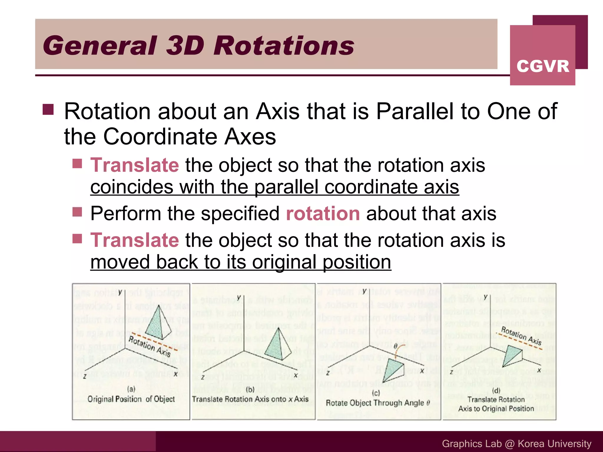 General 3D Rotations Rotation about an Axis that is Parallel to One of the Coordinate Axes Translate   the object so that the rotation axis  coincides with the parallel coordinate axis Perform the specified  rotation  about that axis Translate  the object so that the rotation axis is  moved back to its original position 