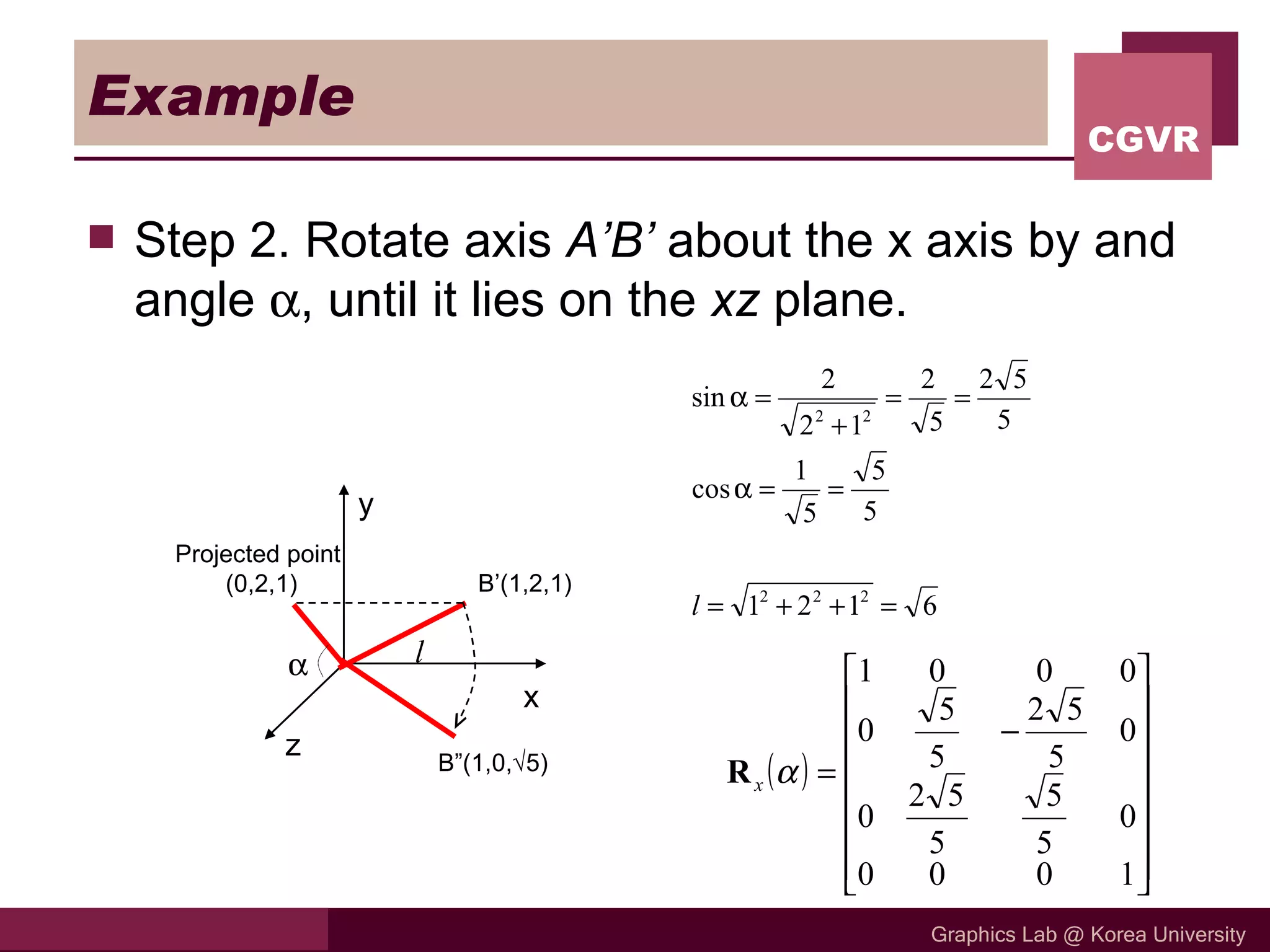 Example Step 2. Rotate axis  A’B’  about the x axis by and angle   , until it lies on the  xz  plane. x z y l B’(1,2,1)  Projected point  (0,2,1) B”(1,0,  5) 