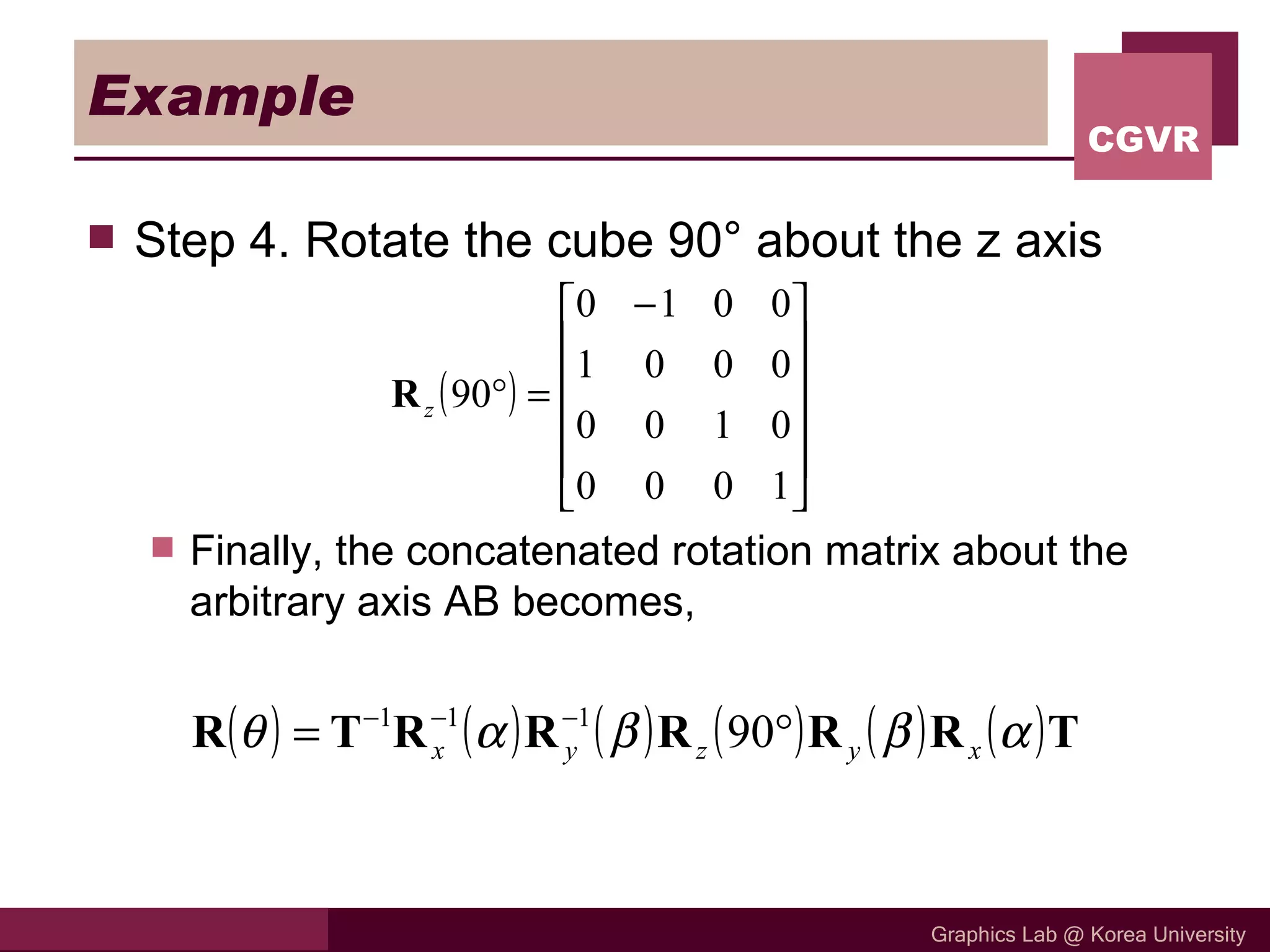 Example Step 4. Rotate the cube 90° about the z axis  Finally, the concatenated rotation matrix about the arbitrary axis AB becomes, 