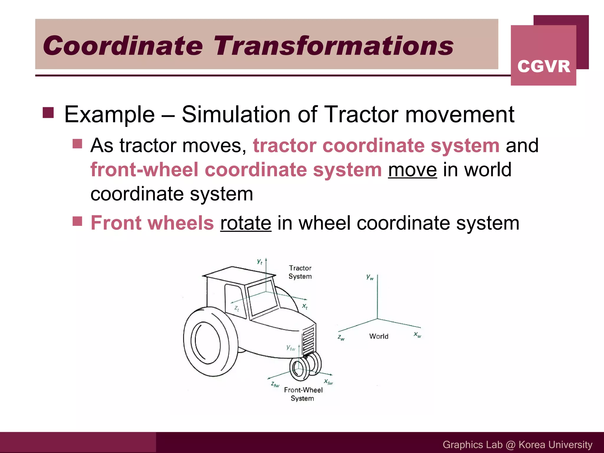 Coordinate Transformations Example – Simulation of Tractor movement As tractor moves,  tractor coordinate system  and  front-wheel coordinate system   move  in world coordinate system Front wheels   rotate  in wheel coordinate system 
