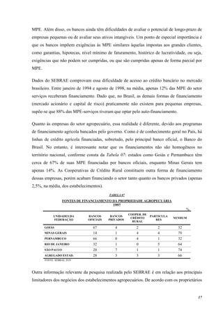 17
MPE. Além disso, os bancos ainda têm dificuldades de avaliar o potencial de longo-prazo de
empresas pequenas ou de avaliar seus ativos intangíveis. Um ponto de especial importância é
que os bancos impõem exigências às MPE similares àquelas impostas aos grandes clientes,
como garantias, hipotecas, nível mínimo de faturamento, histórico de lucratividade, ou seja,
exigências que não podem ser cumpridas, ou que são cumpridas apenas de forma parcial por
MPE.
Dados do SEBRAE comprovam essa dificuldade de acesso ao crédito bancário no mercado
brasileiro. Entre janeiro de 1994 e agosto de 1998, na média, apenas 12% das MPE do setor
serviços receberam financiamento. Dado que, no Brasil, as demais formas de financiamento
(mercado acionário e capital de risco) praticamente não existem para pequenas empresas,
supõe-se que 88% das MPE-serviços tiveram que optar pelo auto-financiamento.
Quanto às empresas do setor agropecuário, essa realidade é diferente, devido aos programas
de financiamento agrícola bancados pelo governo. Como é de conhecimento geral no País, há
linhas de crédito agrícola financiadas, sobretudo, pelo principal banco oficial, o Banco do
Brasil. No entanto, é interessante notar que os financiamentos não são homogêneos no
território nacional, conforme consta da Tabela 07: estados como Goiás e Pernambuco têm
cerca de 67% de suas MPE financiadas por bancos oficiais, enquanto Minas Gerais tem
apenas 14%. As Cooperativas de Crédito Rural constituem outra forma de financiamento
dessas empresas, porém acabam financiando o setor tanto quanto os bancos privados (apenas
2,5%, na média, dos estabelecimentos).
TABELA 07
FONTES DE FINANCIAMENTO DA PROPRIEDADE AGROPECUÁRIA
1997
%
UNIDADES DA
FEDERAÇÃO
BANCOS
OFICIAIS
BANCOS
PRIVADOS
COOPER. DE
CRÉDITO
RURAL
PARTICULA
RES
NENHUM
GOIÁS 67 4 2 2 32
MINAS GERAIS 14 1 4 4 79
PERNAMBUCO 66 0 4 1 32
RIO DE JANEIRO 32 1 0 5 64
SÃO PAULO 20 7 1 1 74
AGREGADO ESTAD. 28 3 3 3 66
FONTE: SEBRAE, FGV
Outra informação relevante da pesquisa realizada pelo SEBRAE é em relação aos principais
limitadores dos negócios dos estabelecimentos agropecuários. De acordo com os proprietários
 