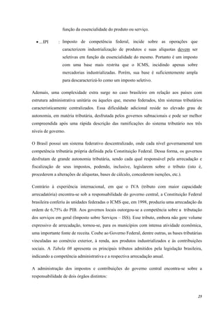 25
função da essencialidade do produto ou serviço.
• ...IPI : Imposto de competência federal, incide sobre as operações que
caracterizem industrialização de produtos e suas alíquotas devem ser
seletivas em função da essencialidade do mesmo. Portanto é um imposto
com uma base mais restrita que o ICMS, incidindo apenas sobre
mercadorias industrializadas. Porém, sua base é suficientemente ampla
para descaracterizá-lo como um imposto seletivo.
Ademais, uma complexidade extra surge no caso brasileiro em relação aos países com
estrutura administrativa unitária ou àqueles que, mesmo federados, têm sistemas tributários
caracteristicamente centralizados. Essa dificuldade adicional reside no elevado grau de
autonomia, em matéria tributária, desfrutada pelos governos subnacionais e pode ser melhor
compreendida após uma rápida descrição das ramificações do sistema tributário nos três
níveis de governo.
O Brasil possui um sistema federativo descentralizado, onde cada nível governamental tem
competência tributária própria definida pela Constituição Federal. Dessa forma, os governos
desfrutam de grande autonomia tributária, sendo cada qual responsável pela arrecadação e
fiscalização de seus impostos, podendo, inclusive, legislarem sobre o tributo (isto é,
procederem a alterações de alíquotas, bases de cálculo, concederem isenções, etc.).
Contrário à experiência internacional, em que o IVA (tributo com maior capacidade
arrecadatória) encontra-se sob a responsabilidade do governo central, a Constituição Federal
brasileira conferiu às unidades federadas o ICMS que, em 1998, produziu uma arrecadação da
ordem de 6,75% do PIB. Aos governos locais outorgou-se a competência sobre a tributação
dos serviços em geral (Imposto sobre Serviços – ISS). Esse tributo, embora não gere volume
expressivo de arrecadação, tornou-se, para os municípios com intensa atividade econômica,
uma importante fonte de receita. Coube ao Governo Federal, dentre outras, as bases tributárias
vinculadas ao comércio exterior, à renda, aos produtos industrializados e às contribuições
sociais. A Tabela 08 apresenta os principais tributos admitidos pela legislação brasileira,
indicando a competência administrativa e a respectiva arrecadação anual.
A administração dos impostos e contribuições do governo central encontra-se sobre a
responsabilidade de dois órgãos distintos:
 