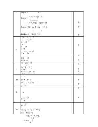 7    log (x −                                    x+
              2
                           3) + 2 = log ( 6)     2

     log (x −                         =
              2
                           3) + 2log 2 log (x + 6)
                                             2                 2
                                                                   1

     log (x − 3) + log 2 = log ( x + 6)      2                     1

              2                      2                         2


     log 4(x − 3) = log (x + 6)
           2                             2
                                                                   1
      4(x − 3) = x + 6
       x− =x+6
     4 12
      x=                                                           1
     3 18
8    x=6
         x −    x+3 = 0.
     216 36
                  x=x+3                                            1
     216        36
     6 x=6 ( x+3)
      3           2                                                1
     3x = 2( x + 3)
                                                                   1
              x+
     3x = 2       6
9    x=6                                                           1
     d = 5x+y – ( x + y )                                          1
       = 4x


10   a = 90 , d = -3                                               1
     90 + ( n – 1 )( -3 ) = 36
                                                                   1
     n = 17
                                                                   1

11        a

                      = 27                                         1
     1− 1
        3

     a = 18

12   a ) log y = log a + 3 log x
                      10        10                        10



     b) i.    log a = 2    10



               log y = 2 + 3log x
                           10                        10


                     + h
          ii. 6 = 2 3
                   4
 