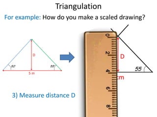 Triangulation
?
For example: How do you make a scaled drawing?
5 cm
D
50 55
3) Measure distance D
 