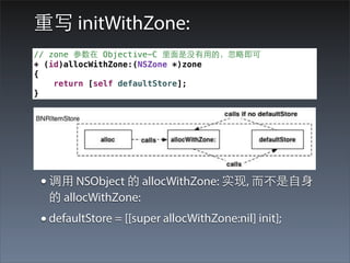 重写 initWithZone:
// zone 参数在 Objective-C ⾥里⾯面是没有⽤用的，忽略即可
+ (id)allocWithZone:(NSZone *)zone
{
    return [self defaultStore];
}




 • 调⽤用 NSObject 的 allocWithZone: 实现, ⽽而不是⾃自⾝身
  的 allocWithZone:
 • defaultStore = [[super allocWithZone:nil] init];
 