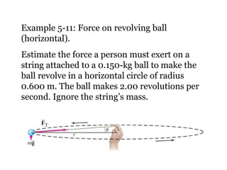 Example 5-11: Force on revolving ball (horizontal). Estimate the force a person must exert on a string attached to a 0.150-kg ball to make the ball revolve in a horizontal circle of radius 0.600 m. The ball makes 2.00 revolutions per second. Ignore the string’s mass. 