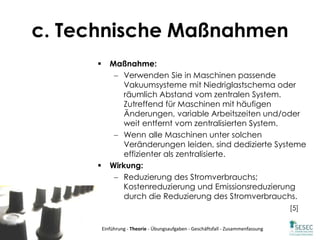 Co-funded by the Intelligent
Energy Europe Programme of
the European Union
c. Technische Maßnahmen
 Maßnahme:
 Verwenden Sie in Maschinen passende
Vakuumsysteme mit Niedriglastschema oder
räumlich Abstand vom zentralen System.
Zutreffend für Maschinen mit häufigen
Änderungen, variable Arbeitszeiten und/oder
weit entfernt vom zentralisierten System.
 Wenn alle Maschinen unter solchen
Veränderungen leiden, sind dedizierte Systeme
effizienter als zentralisierte.
 Wirkung:
 Reduzierung des Stromverbrauchs;
Kostenreduzierung und Emissionsreduzierung
durch die Reduzierung des Stromverbrauchs.
[5]
Einführung - Theorie - Übungsaufgaben - Geschäftsfall - Zusammenfassung
 