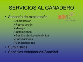 SERVICIOS AL GANADERO
• Asesoría de explotación
Alimentación
Reproducción
Manejo
Instalaciones
Gestión técnico-económica
Subvenciones
Condicionalidad
• Suministros
• Servicios veterinarios-Sanidad
 