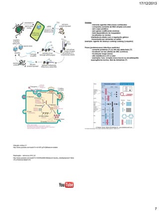 17/12/2013

Viróides
- menores agentes infecciosos conhecidos
- compostos somente de RNA simples (circular)
- sem capa protéica
- sem genes codificando enzimas
- total dependência do hospedeiro
- localizados no núcleo:
interferência direta com a regulação gênica
-transmissão por sementes ou pólen
exemplo: agente da doença cadang-cadang (coqueiro)
Príons (proteinaceous infectious particles)
- somente proteínas (?) ou AN não detectado (?)
- localizam-se nas células do SNC (crônica)
- incubação longa (anos)
- alta resistência a UV e calor
- exemplos: kuru, scrapie (vaca louca) ou encefalopatia
espongiforme bovina, Mal de Alzheimer (?)

From Medical Microbiology, 5th ed., Murray, Rosenthal & Pfaller, Mosby Inc., 2005, Fig. 6-11

Infecção virótica V1
http://www.youtube.com/watch?v=nh18FvzjFnQ&feature=related

Replicação – retrovirus (HIV) V2
http://www.youtube.com/watch?v=HhhRQ4t95OI&feature=results_video&playnext=1&list
=PL3793DD3C5692F375

7

 