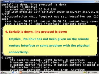 Serial0 is down, line protocol is down Hardware is HD64570 Internet address is 10.0.0.1/8 MTU 1500 bytes,BW 1544 Kbit,DLY 20000 usec,rely 255/255,load 1/255 Encapsulation HDLC, loopback not set, keepalive set (10 sec) Last input 00:12:40, output 00:00:08, output hang never Last clearing of "show interface" counters never Input queue: 0/75/0 (size/max/drops); Total output drops: 0 Queueing strategy: weighted fair Output queue: 0/1000/64/0 (size/max total/threshold/drops) Conversations  0/1/256 (active/max active/max total) Reserved Conversations 0/0 (allocated/max allocated) 5 minute input rate 0 bits/sec, 0 packets/sec 5 minute output rate 0 bits/sec, 0 packets/sec 1088 packets input, 21435 bytes, 0 no buffer Received 966 broadcasts, 0 runts, 0 giants, 0 throttles 0 input errors, 0 CRC, 0 frame, 0 overrun, 0 ignored, 0 abort 945 packets output, 26091 bytes, 0 underruns 0 output errors, 0 collisions, 147 interface resets 0 output buffer failures, 0 output buffers swapped out 370 carrier transitions DCD=down  DSR=down  DTR=up  RTS=up  CTS=down Hyderabad# 4. Serial0 is down, line protocol is down Implies , No Shut has not been given on the remote routers interface or some problem with the physical connectivity. 