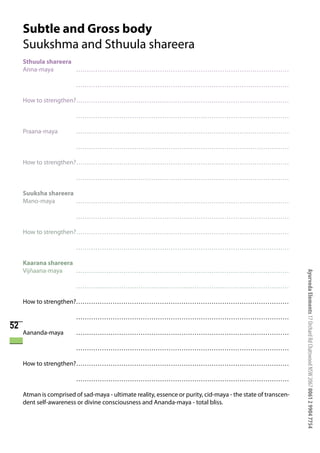 Subtle and Gross body
     Suukshma and Sthuula shareera
     Sthuula shareera
     Anna-maya        ………………………………………………………………………………………

                         ………………………………………………………………………………………

     How to strengthen?………………………………………………………………………………………

                         ………………………………………………………………………………………

     Praana-maya         ………………………………………………………………………………………

                         ………………………………………………………………………………………

     How to strengthen?………………………………………………………………………………………

                         ………………………………………………………………………………………

     Suuksha shareera
     Mano-maya        ………………………………………………………………………………………

                         ………………………………………………………………………………………

     How to strengthen?………………………………………………………………………………………

                         ………………………………………………………………………………………

     Kaarana shareera
     Vijñaana-maya    ………………………………………………………………………………………




                                                                                                               Ayurveda Elements 17 Orchard Rd Chatswood NSW 2067 0061 2 9904 7754
                         ………………………………………………………………………………………

     How to strengthen?………………………………………………………………………………………

                         ………………………………………………………………………………………
52
     Aananda-maya        ………………………………………………………………………………………

                         ………………………………………………………………………………………

     How to strengthen?………………………………………………………………………………………

                         ………………………………………………………………………………………

     Atman is comprised of sad-maya - ultimate reality, essence or purity, cid-maya - the state of transcen-
     dent self-awareness or divine consciousness and Ananda-maya - total bliss.
 