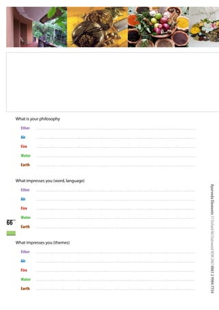 What is your philosophy

       Ether   ………………………………………………………………………………………………

       Air     ………………………………………………………………………………………………

       Fire    ………………………………………………………………………………………………

       Water   ………………………………………………………………………………………………

       Earth   ………………………………………………………………………………………………


     What impresses you (word, language)




                                                      Ayurveda Elements 17 Orchard Rd Chatswood NSW 2067 0061 2 9904 7754
       Ether   ………………………………………………………………………………………………

       Air     ………………………………………………………………………………………………

       Fire    ………………………………………………………………………………………………

       Water   ………………………………………………………………………………………………
66     Earth   ………………………………………………………………………………………………


     What impresses you (themes)

       Ether   ………………………………………………………………………………………………

       Air     ………………………………………………………………………………………………

       Fire    ………………………………………………………………………………………………

       Water   ………………………………………………………………………………………………

       Earth   ………………………………………………………………………………………………
 