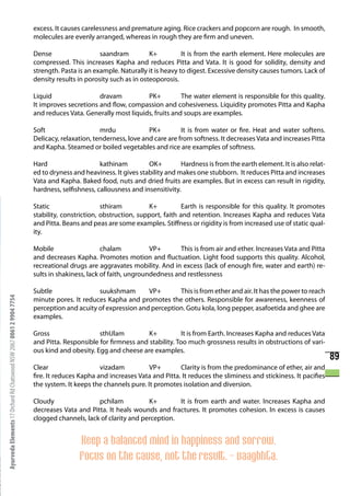 excess. It causes carelessness and premature aging. Rice crackers and popcorn are rough. In smooth,
                                                                      molecules are evenly arranged, whereas in rough they are firm and uneven.

                                                                      Dense                   saandram          K+          It is from the earth element. Here molecules are
                                                                      compressed. This increases Kapha and reduces Pitta and Vata. It is good for solidity, density and
                                                                      strength. Pasta is an example. Naturally it is heavy to digest. Excessive density causes tumors. Lack of
                                                                      density results in porosity such as in osteoporosis.

                                                                      Liquid                 dravam          PK+          The water element is responsible for this quality.
                                                                      It improves secretions and flow, compassion and cohesiveness. Liquidity promotes Pitta and Kapha
                                                                      and reduces Vata. Generally most liquids, fruits and soups are examples.

                                                                      Soft                    mrdu             PK+         It is from water or fire. Heat and water softens.
                                                                      Delicacy, relaxation, tenderness, love and care are from softness. It decreases Vata and increases Pitta
                                                                      and Kapha. Steamed or boiled vegetables and rice are examples of softness.

                                                                      Hard                    kathinam         OK+         Hardness is from the earth element. It is also relat-
                                                                      ed to dryness and heaviness. It gives stability and makes one stubborn. It reduces Pitta and increases
                                                                      Vata and Kapha. Baked food, nuts and dried fruits are examples. But in excess can result in rigidity,
                                                                      hardness, selfishness, callousness and insensitivity.

                                                                      Static                   sthiram         K+           Earth is responsible for this quality. It promotes
                                                                      stability, constriction, obstruction, support, faith and retention. Increases Kapha and reduces Vata
                                                                      and Pitta. Beans and peas are some examples. Stiffness or rigidity is from increased use of static qual-
                                                                      ity.

                                                                      Mobile                   chalam           VP+       This is from air and ether. Increases Vata and Pitta
                                                                      and decreases Kapha. Promotes motion and fluctuation. Light food supports this quality. Alcohol,
                                                                      recreational drugs are aggravates mobility. And in excess (lack of enough fire, water and earth) re-
                                                                      sults in shakiness, lack of faith, ungroundedness and restlessness

                                                                      Subtle                suukshmam        VP+       This is from ether and air. It has the power to reach
Ayurveda Elements 17 Orchard Rd Chatswood NSW 2067 0061 2 9904 7754




                                                                      minute pores. It reduces Kapha and promotes the others. Responsible for awareness, keenness of
                                                                      perception and acuity of expression and perception. Gotu kola, long pepper, asafoetida and ghee are
                                                                      examples.

                                                                      Gross                  sthUlam          K+           It is from Earth. Increases Kapha and reduces Vata
                                                                      and Pitta. Responsible for firmness and stability. Too much grossness results in obstructions of vari-
                                                                      ous kind and obesity. Egg and cheese are examples.
                                                                                                                                                                                   89
                                                                      Clear                   vizadam          VP+        Clarity is from the predominance of ether, air and
                                                                      fire. It reduces Kapha and increases Vata and Pitta. It reduces the sliminess and stickiness. It pacifies
                                                                      the system. It keeps the channels pure. It promotes isolation and diversion.

                                                                      Cloudy                pchilam           K+        It is from earth and water. Increases Kapha and
                                                                      decreases Vata and Pitta. It heals wounds and fractures. It promotes cohesion. In excess is causes
                                                                      clogged channels, lack of clarity and perception.


                                                                                      Keep a balanced mind in happiness and sorrow.
                                                                                      Focus on the cause, not the result. - vaagbhTa.
 