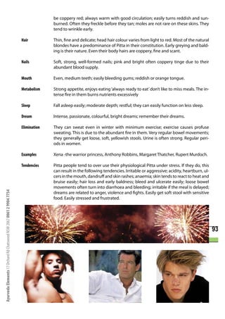 be coppery red; always warm with good circulation; easily turns reddish and sun-
                                                                                    burned. Often they freckle before they tan; moles are not rare on these skins. They
                                                                                    tend to wrinkle early.

                                                                      Hair          Thin, fine and delicate; head hair colour varies from light to red. Most of the natural
                                                                                    blondes have a predominance of Pitta in their constitution. Early greying and bald-
                                                                                    ing is their nature. Even their body hairs are coppery, fine and scant.

                                                                      Nails         Soft, strong, well-formed nails; pink and bright often coppery tinge due to their
                                                                                    abundant blood supply.

                                                                      Mouth         Even, medium teeth; easily bleeding gums; reddish or orange tongue.

                                                                      Metabolism    Strong appetite, enjoys eating ‘always ready to eat’ don’t like to miss meals. The in-
                                                                                    tense fire in them burns nutrients excessively

                                                                      Sleep         Fall asleep easily; moderate depth; restful; they can easily function on less sleep.

                                                                      Dream         Intense, passionate, colourful, bright dreams; remember their dreams.

                                                                      Elimination   They can sweat even in winter with minimum exercise; exercise causes profuse
                                                                                    sweating. This is due to the abundant fire in them. Very regular bowel movements;
                                                                                    they generally get loose, soft, yellowish stools. Urine is often strong. Regular peri-
                                                                                    ods in women.

                                                                      Examples      Xena -the warrior princess, Anthony Robbins, Margaret Thatcher, Rupert Murdoch.

                                                                      Tendencies    Pitta people tend to over use their physiological Pitta under stress. If they do, this
                                                                                    can result in the following tendencies. Irritable or aggressive; acidity, heartburn, ul-
                                                                                    cers in the mouth, dandruff and skin rashes; anaemia; skin tends to react to heat and
                                                                                    bruise easily; hair loss and early baldness; bleed and ulcerate easily; loose bowel
                                                                                    movements often turn into diarrhoea and bleeding; irritable if the meal is delayed;
Ayurveda Elements 17 Orchard Rd Chatswood NSW 2067 0061 2 9904 7754




                                                                                    dreams are related to anger, violence and fights. Easily get soft stool with sensitive
                                                                                    food. Easily stressed and frustrated.




                                                                                                                                                                               93
 