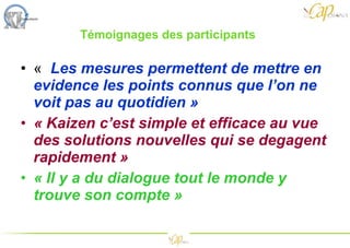 Témoignages des participants  «  Les mesures permettent de mettre en evidence les points connus que l’on ne voit pas au quotidien » « Kaizen c’est simple et efficace au vue des solutions nouvelles qui se degagent rapidement »  « Il y a du dialogue tout le monde y trouve son compte »   