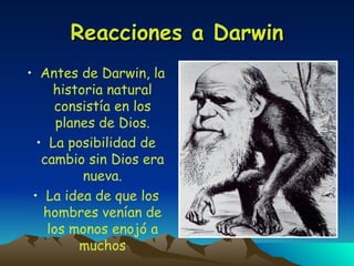 Reacciones a Darwin Antes de Darwin, la historia natural consistía en los planes de Dios. La posibilidad de cambio sin Dios era nueva. La idea de que los hombres venían de los monos enojó a muchos 