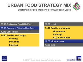 URBAN FOOD STRATEGY MIX
Sustainable Food Workshop for European Cities

09:00 Sustainable Food City Expo

13:00 Lunch

09:30 Opening – Cities tackling food

14:00 Parallel workshops

10:45 Coffee break
11:15 Parallel workshops

Governance
Funding
CO2 & Resources

Growing
Delivering

16:00 Conclusions

Enjoying

17:00 End

An URBACT II Thematic Network - Sustainable Food in Urban Communities

 