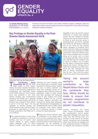 GENDER EQUALITY UPDATE NO 3 1
Key Findings on Gender Equality in the Post-
Disaster Needs Assessment Vol B.
By Gender Working Group
RESPONSE TO THE NEPAL
EARTHQUAKE (as of 17/8/2015)
T
he Post-Disaster Needs
Assessment Vol. B¹
has been
made public in early August.
Volume B includes detailed information
on each of the 23 sectors analysed and
supplements and elaborates further
on the PDNA Volume A: Key Findings,
which was published in mid -June.
Gender Equality was mainstreamed
throughout the PDNA and a separate
chapter on Gender Equality and Social
Inclusion was included in both Volume
A and B of the final report. The key
highlights on Gender Equality and
Social Inclusion in the Volume B report,
presented as elaborations of the key
findings presented in the PDNA Vol. A,
are as follows.
The combined factors of poor living
conditions, disruptions in economic
activities and loss of income could
compel families to adopt negative
coping strategies such as stress
selling of assets, child labour, human
trafficking and early marriage, which
would impact girls in particular. Added
disruptions in policing, justice systems
and loss of family protection also
mean that vulnerable groups are at
heightened risk of violence, abuse and
exploitation. Toilets in public schools
have been damaged and inadequate
access to safe, hygienic and private
sanitation facilities can be a source
of shame, physical discomfort and
insecurity for school going adolescent
girls. Reconstruction of segregated and
disability-friendly school toilets should
be prioritised, even where children
are in temporary schools, to provide
privacy for menstruating girls.
Taking into account women’s large
contribution to the Nepali labour
force and the constraints they face in
accessing economic resources, efforts
should be made to ensure that recovery
programmes do not contribute to
greater inequalities. Given the gender
Women explaining they have to walk further to collect water after the earthquake and walk two hours. Malechore,
Sindhupalchowk, Photo Credit: Sama Shrestha/UN Women
Summary of key facts and figures, case studies, initiatives, progress, challenges, needs and
opportunities related to gender equality and women’s empowerment in the context of the Nepal
earthquake emergency response
GENDER
EQUALITY
UPDATE No. 4
disparities in time use and the unequal
distribution of unpaid work between
women and men, analysis of disaster
impact on time use for women and men
is critical. A quick time-use survey in
Sindhulpachowk and Kavre indicated
that women are spending an additional
four to ﬁve hours per day clearing
debris, salvaging of household items
buried under the rubble and salvaging
home construction materials for shelter
construction. Caring for children is also
said to have increased due to children
being out of school, and it is done
concurrently with other chores. Women
also indicated that the constant need
to check on children, out of concern
for their safety, is limiting their mobility
beyond their homes. Fetching time of
water has increased up to three hours,
which has also increased the work
load of women considerably more
than for men. This is the time women
would have used for income generating
activities, socializing and resting
under normal circumstances. Three
key considerations around gender
appropriate strategies have also been
made: ﬁrst, that informal sector and
all types of work need to be counted;
second, recognizing micro enterprises
where many women are engaged; and
third, recognizing women’s contribution
as migrants and remittance providers
Taking into account
women’s large
contribution to the
Nepali labour force and
the constraints they
face, efforts should be
made to ensure that
recovery programmes
do not contribute to
greater inequalities.
1 Nepal Earthquake 2015 Post Disaster Needs Assessment Vol B: Sector Reports: http://www.npc.gov.np/web/new/uploadedFiles/allFiles/PDNA-vol-B.pdf
 