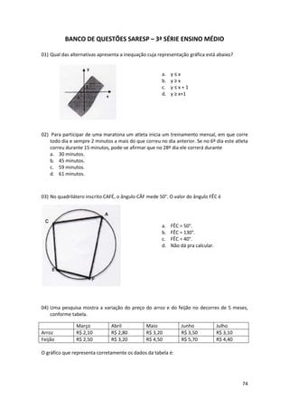 BANCO DE QUESTÕES SARESP – 3ª SÉRIE ENSINO MÉDIO
01) Qual das alternativas apresenta a inequação cuja representação gráfica está abaixo?

a.
b.
c.
d.

y≤x
y≥x
y≤x+1
y ≥ x+1

02) Para participar de uma maratona um atleta inicia um treinamento mensal, em que corre
todo dia e sempre 2 minutos a mais do que correu no dia anterior. Se no 6º dia este atleta
correu durante 15 minutos, pode-se afirmar que no 28º dia ele correrá durante
a. 30 minutos.
b. 45 minutos.
c. 59 minutos.
d. 61 minutos.

03) No quadrilátero inscrito CAFÉ, o ângulo CÂF mede 50°. O valor do ângulo FÊC é

a.
b.
c.
d.

FÊC = 50°.
FÊC = 130°.
FÊC = 40°.
Não dá pra calcular.

04) Uma pesquisa mostra a variação do preço do arroz e do feijão no decorres de 5 meses,
conforme tabela.
Arroz
Feijão

Março
R$ 2,10
R$ 2,50

Abril
R$ 2,80
R$ 3,20

Maio
R$ 3,20
R$ 4,50

Junho
R$ 3,50
R$ 5,70

Julho
R$ 3,10
R$ 4,40

O gráfico que representa corretamente os dados da tabela é:

74

 