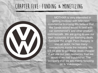 Chapter Five: Funding & Monetizing
MOTHXR is very interested in
getting involved with television
commercial licensing.We believe that
the bands sound would ﬁt best with
car commercial’s and other product
commercials. We are going to use our
own resources to get licensing deals.
Because the singer Penn Badgley is
also an actor, he has many
connections inside the industry. We
will be able to get these deals cheaper
if we use our own resources than we
would if we had a publisher. The
company that we are mainly focusing
on is Volkswagen.
http://3.bp.blogspot.com/_6HbVt0MKcR8/TSx_1zEt8BI/AAAAAAAAAK0/8_uftGCgZog/s1600/Logo_Volkswagen.png
 