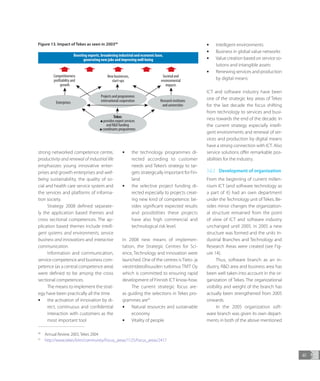 41
strong networked competence centre,
productivity and renewal of industrial life
emphasizes young innovative enter-
prises and growth enterprises and well-
being sustainability, the quality of so-
cial and health care service system and
the services and platforms of informa-
tion society.
Strategy 2008 defined separate-
ly the application based themes and
cross sectional competences. The ap-
plication based themes include intelli-
gent systems and environments, service
business and innovations and interactive
communication.
Information and communication,
service competence and business com-
petence (as a central competence area)
were defined to be among the cross
sectional competences.
The means to implement the strat-
egy have been practically all the time
•• the activation of innovation by di-
rect, continuous and confidential
interaction with customers as the
most important tool
•• the technology programmes di-
rected according to customer
needs and Tekes’s strategy to tar-
gets strategically important for Fin-
land
•• the selective project funding di-
rected especially to projects creat-
ing new kind of competence; be-
sides significant expected results
and possibilities these projects
have also high commercial and
technological risk level.
In 2008 new means of implemen-
tation, the Strategic Centres for Sci-
ence, Technology and Innovation were
launched. One of the centres is Tieto- ja
viestintäteollisuuden tutkimus TIVIT Oy
which is committed to ensuring rapid
development of Finnish ICT know-how.
The current strategic focus are-
as guiding the selections in Tekes pro-
grammes are41
•• Natural resources and sustainable
economy
•• Vitality of people
•• Intelligent environments
•• Business in global value networks
•• Value creation based on service so-
lutions and intangible assets
•• Renewing services and production
by digital means
ICT and software industry have been
one of the strategic key areas of Tekes
for the last decade the focus shifting
from technology to services and busi-
ness towards the end of the decade. In
the current strategy especially intelli-
gent environments and renewal of ser-
vices and production by digital means
have a strong connection with ICT. Also
service solutions offer remarkable pos-
sibilities for the industry.
3.6.2	 Development of organization
From the beginning of current millen-
nium ICT (and software technology as
a part of it) had an own department
under the Technology unit of Tekes. Be-
sides minor changes the organization-
al structure remained from the point
of view of ICT and software industry
unchanged until 2005. In 2005 a new
structure was formed and the units In-
dustrial Branches and Technology and
Research Areas were created (see Fig-
ure 14).
Thus, software branch as an in-
dustry, R&D area and business area has
been well taken into account in the or-
ganization of Tekes. The organizational
visibility and weight of the branch has
actually been strengthened from 2005
onwards.
In the 2005 organization soft-
ware branch was given its own depart-
ments in both of the above mentioned
Competitiveness
profitability and
growth
Enterprises
Projects and programmes
international cooperation
Boosting exports, broadening industrial and economic base,
generating new jobs and improving well-being
New businesses,
start-ups
Societal and
environmental
impacts
Tekes
provides expert services
and R&D funding
coordinates programmes
G
G
Research institutes
and universities
Figure 13. Impact of Tekes as seen in 200340
40
	 Annual Review 2003, Tekes 2004
41
	http://www.tekes.fi/en/community/Focus_areas/1125/Focus_areas/2417
 