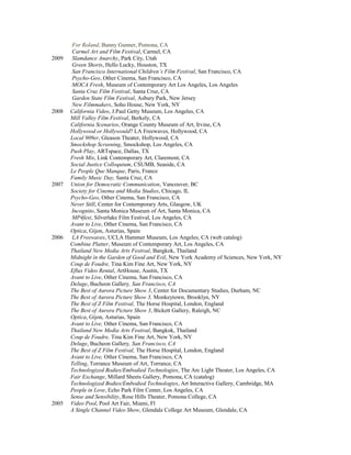For Roland, Bunny Gunner, Pomona, CA
Carmel Art and Film Festival, Carmel, CA
2009 Slamdance Anarchy, Park City, Utah
Green Shorts, Hello Lucky, Houston, TX
San Francisco International Children’s Film Festival, San Francisco, CA
Psycho-Geo, Other Cinema, San Francisco, CA
MOCA Fresh, Museum of Contemporary Art Los Angeles, Los Angeles
Santa Cruz Film Festival, Santa Cruz, CA
Garden State Film Festival, Asbury Park, New Jersey
New Filmmakers, Soho House, New York, NY
2008 California Video, J.Paul Getty Museum, Los Angeles, CA
Mill Valley Film Festival, Berkely, CA
California Scenarios, Orange County Museum of Art, Irvine, CA
Hollywood or Hollywould? LA Freewaves, Hollywood, CA
Local 909er, Gleason Theater, Hollywood, CA
Smockshop Screening, Smockshop, Los Angeles, CA
Push Play, ARTspace, Dallas, TX
Fresh Mix, Link Contemporary Art, Claremont, CA
Social Justice Colloquium, CSUMB, Seaside, CA
Le People Que Manque, Paris, France
Family Music Day, Santa Cruz, CA
2007 Union for Democratic Communication, Vancouver, BC
Society for Cinema and Media Studies, Chicago, IL
Psycho-Geo, Other Cinema, San Francisco, CA
Never Still, Center for Contemporary Arts, Glasgow, UK
Incognito, Santa Monica Museum of Art, Santa Monica, CA
MP4fest, Silverlake Film Festival, Los Angeles, CA
Avant to Live, Other Cinema, San Francisco, CA
Optica, Gijon, Asturias, Spain
2006 LA Freewaves, UCLA Hammer Museum, Los Angeles, CA (web catalog)
Combine Platter, Museum of Contemporary Art, Los Angeles, CA
Thailand New Media Arts Festival, Bangkok, Thailand
Midnight in the Garden of Good and Evil, New York Academy of Sciences, New York, NY
Coup de Foudre, Tina Kim Fine Art, New York, NY
Eflux Video Rental, ArtHouse, Austin, TX
Avant to Live, Other Cinema, San Francisco, CA
Deluge, Bucheon Gallery, San Francisco, CA
The Best of Aurora Picture Show 3, Center for Documentary Studies, Durham, NC
The Best of Aurora Picture Show 3, Monkeytown, Brooklyn, NY
The Best of Z Film Festival, The Horse Hospital, London, England
The Best of Aurora Picture Show 3, Bickett Gallery, Raleigh, NC
Optica, Gijon, Asturias, Spain
Avant to Live, Other Cinema, San Francisco, CA
Thailand New Media Arts Festival, Bangkok, Thailand
Coup de Foudre, Tina Kim Fine Art, New York, NY
Deluge, Bucheon Gallery, San Francisco, CA
The Best of Z Film Festival, The Horse Hospital, London, England
Avant to Live, Other Cinema, San Francisco, CA
Telling, Torrance Museum of Art, Torrance, CA
Technologized Bodies/Embodied Technologies, The Arc Light Theater, Los Angeles, CA
Fair Exchange, Millard Sheets Gallery, Pomona, CA (catalog)
Technologized Bodies/Embodied Technologies, Art Interactive Gallery, Cambridge, MA
People in Love, Echo Park Film Center, Los Angeles, CA
Sense and Sensibility, Rose Hills Theater, Pomona College, CA
2005 Video Pool, Pool Art Fair, Miami, Fl
A Single Channel Video Show, Glendale College Art Museum, Glendale, CA
 