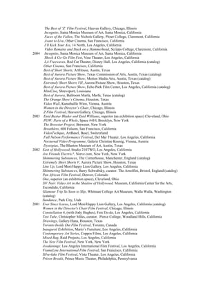 The Best of ‘Z’ Film Festival, Heaven Gallery, Chicago, Illinois
Incognito, Santa Monica Museum of Art, Santa Monica, California
Faces of the Fallen, The Nichols Gallery, Pitzer College, Claremont, California
Avant to Live, Other Cinema, San Francisco, California
I’ll Kick Your Ass, 14 North, Los Angeles, California
Video Remains and Stuck on a Hammerhead, Scripps College, Claremont, California
2004 Incognito, Santa Monica Museum of Art, Santa Monica, California
Shock A Go-Go Film Fest, Vine Theater, Los Angeles, California
LA Freewaves, Red Cat Theater, Disney Hall, Los Angeles, California (catalog)
Other Cinema, San Francisco, California
Best of Short Shorts, ArtHouse, Austin, Texas
Best of Aurora Picture Show, Texas Commission of Arts, Austin, Texas (catalog)
Best of Aurora Picture Show, Motion Media Arts, Austin, Texas (catalog)
Extremely Short Shorts VII, Aurora Picture Show, Houston, Texas
Best of Aurora Picture Show, Echo Park Film Center, Los Angeles, California (catalog)
MiniCine, Shreveport, Louisiana
Best of Aurora, Ballroom Marfa, Marfa, Texas (catalog)
The Orange Show’s Cinema, Houston, Texas
Video Wall, Kunsthallle Wien, Vienna, Austria
Women in the Director’s Chair, Chicago, Illinois
Z Film Festival, Heaven Gallery, Chicago, Illinois
2003 Enid Baxter Blader and Enid Williams, superior (an exhibition space) Cleveland, Ohio
POW: Parts of a Whole, Space #410, Brooklyn, New York
The Brewster Project, Brewster, New York
Breathless, 608 Folsom, San Francisco, California
VideoTechque, ArtBasel, Basel, Switzerland
Full Nelson Performance Festival, Del Mar Theater, Los Angeles, California
Nocturnal Video Programme, Galerie Christine Koenig, Vienna, Austria
Dystopias, The Blanton Museum of Art, Austin, Texas
2002 East of Hollywood, Studio 210TWO, Los Angeles, California
Are Friends Electric?, Nerve.com, New York, New York
Shimmering Substances, The Cornerhouse, Manchester, England (catalog)
Extremely Short Shorts V, Aurora Picture Show, Houston, Texas
Line Up, Lord Mori/Happy Lion Gallery, Los Angeles, California
Shimmering Substances, Barry Schwabsky, curator. The Arnolfini, Bristol, England (catalog)
Pan African Film Festival, Denver, Colorado
One, superior (an exhibition space), Cleveland, Ohio
DV Noir: Video Art in the Shadow of Hollywood, Museum, California Center for the Arts,
Escondido, California
Glamour Trip So Soon to Slip, Whitman College Art Museum, Walla Walla, Washington
(catalog)
Sundance, Park City, Utah
2001 Ever Since Icarus, Lord Mori/Happy Lion Gallery, Los Angeles, California (catalog)
Women in the Director's Chair Film Festival, Chicago, Illinois
Constellation 6, (with Jody Hughes), Feis Do-do, Los Angeles, California
Test Tube, Christopher Miles, curator. Pierce College, Woodland Hills, California
Drawings, Gallery Hana, Houston, Texas
Toronto Inside Out Film Festival, Toronto, Canada
Inaugural Exhibition, Mario’s Furniture, Los Angeles, California
Contemporary Art Series, Coppos Films, Los Angeles, California
Mixed Bag, Raid Projects, Los Angeles, California
The New Film Festival, New York, New York
Awakenings: Los Angeles International Film Festival, Los Angeles, California
FrameLine International Film Festival, San Francisco, California
Silverlake Film Festival, Vista Theater, Los Angeles, California
Prison Breaks, Prince Music Theater, Philadelphia, Pennsylvania
 