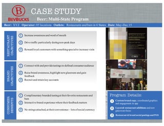 CASE STUDY
Beer: Multi-State Program
Beer: XYZ Operator: 85 locations Outlets: Restaurants and bars in 6 States Date: May-Dec 15
BRAND
OBJECTIVES
Increase awarenessand word of mouth1
Drive traffic particularly duringnon-peak days2
Reward loyal customerswith somethingspecialto increase visits3
Connect with and providetastingsto defined consumeraudience1
Raise brand awareness,highlight newglassware and gain
feedback
2
Recruit and retain key accounts3
RESTAURANT
OBJECTIVES
CONSUMER
BENEFITS
Complimentary branded tastingat theirfavorite restaurantsand
bars
1
Interactive brand experience where theirfeedbackmatters2
No stringsattached,at theirconvenience – lotsofsocial currency3
Program Details:
1 Custom brand copy, coordinated graphics
and engagement in app
Layered restaurant additions and new
glasswarefocus
Restaurant & brand social postings and POS
2
3
 