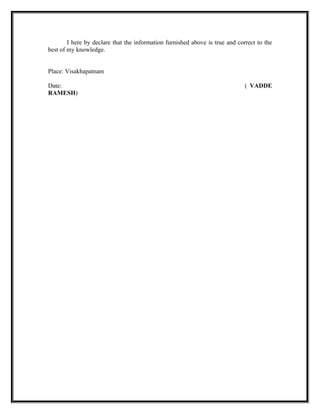 I here by declare that the information furnished above is true and correct to the
best of my knowledge.
Place: Visakhapatnam
Date: ( VADDE
RAMESH)
 