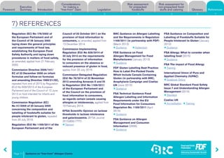 Guidance on “free-from” Allergen Claims
Risk assessment for
non-prepacked food-
stuffs and cateringForeword
Executive
Summary Introduction
Considerations
for making a
“free-from” claim Legislation
Risk assessment
for prepacked
foodstuffs Glossary References
Page 11
1 2 3 4 5 6 7
7) REFERENCES
Regulation (EC) No 178/2002 of
the European Parliament and of
the Council of 28 January 2002
laying down the general principles
and requirements of food law,
establishing the European Food
Safety Authority and laying down
procedures in matters of food safety,
as amended, applied from 21 February
2002.
Commission Directive 2006/141/
EC of 22 December 2006 on infant
formulae and follow-on formulae
and amending Directive 1999/21/EC,
repealed from end of 2015 by Regulation
(EU) No 609/2013 of the European
Parliament and of the Council of 12 June
2013 on food intended for infants and
young children.
Commission Regulation (EC)
No 41/2009 of 20 January 2009
concerning the composition and
labelling of foodstuffs suitable for
people intolerant to gluten, repealed
from 20 July 2016.
Regulation (EU) No 1169/2011 of the
European Parliament and of the
Council of 25 October 2011 on the
provision of food information to
consumers, as amended, applied from
13 December 2014.
Commission Implementing
Regulation (EU) No 828/2014 of
30 July 2014 on the requirements
for the provision of information
to consumers on the absence or
reduced presence of gluten in food,
applies from 20 July 2016.
Commission Delegated Regulation
(EU) No 78/2014 of 22 November
2013 amending Annexes II and III
to Regulation (EU) No 1169/2011
of the European Parliament and
of the Council on the provision of
food information to consumers,
as regards certain cereals causing
allergies or intolerances, applied from
19 February 2014.
EFSA Scientific Opinion on lactose
thresholds in lactose intolerance
and galactosaemia. (EFSA Journal
2010;8(9):1777)
Opinion
BRC Guidance on Allergen Labelling
and the Requirements in Regulation
1169/2011 (in partnership with FDF)
(March 2013)
Guidance 	 Addendum
FDE Guidance on Food
Allergen Management for Food
Manufacturers (January 2013)
Guidance
FDF Gluten Labelling Best Practice:
How to Label Pre-Packed Foods
Which Include Cereals Containing
Gluten (in partnership with BRC,
Anaphylaxis Campaign and Coeliac
UK (June 2015)
Guidance
FSA Technical Guidance Food
Allergen Labelling and Information
Requirements under the EU
Food Information for Consumers
Regulation No. 1169/2011 (April
2015)
Guidance
FSA Guidance on Allergen
Management and Consumer
Information (2006)
Guidance
FSA Guidance on Composition and
Labelling of Foodstuffs Suitable for
People Intolerant to Gluten (January
2012)
Guidance
FSA Allergy: What to consider when
labelling food (2015)
Guidance
FSA The impact of Food Allergy
Training
International Union of Pure and
Applied Chemistry (IUPAC)
Goldbook Online
BRC Global Standard Food Safety
Issue 7 and Understanding Allergen
Management (2015)
Standard
Coeliac UK
Accreditation	 Training
References
 