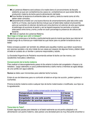 2-Lactancia
q La Lactancia Materna será exitosa si la madre tiene el convencimiento de llevarla
adelante ya que son contadísimos los casos (sí, contadísimos) en que exista falta de
producción materna de leche para la alimentación del bebé.
q Para facilitar la lactancia el ambiente debe ser calmo y tanto la mamá como el niño
deben estar cómodos.
q Generalmente el bebé con una buena técnica de amamantamiento pide teta entre cada
2y30 hs a 4 horas, esa buena técnica incluye que el bebé debe realizar el provechito
para así aumentar el volúmen de leche por oma,disminuir el volúmen de aire que ingresa
al estómago al succionar el pezón y asi se logrará espaciar los períodos a horarios
adecuados entre toma y toma y evitar en buen porcentaje la presencia de cólicos del
lactante.
q Visite el capítulo de Lactancia Materna.
Qué hago si tengo que salir o trabajar?
Momento que preocupa a la familia y particularmente para la mamá que tiene que retornar al
trabajo luego de su licencia por maternidad es qué hacer para no perder la lactancia de su
bebé.
Estos consejos pueden ser también de utilidad para aquellas madres que deben ausentarse
por razones sociales o de otra índole de sus casas por espacio de algunas horas y deben dejar
al bebé al cuidado de un familiar o persona responsable y adulta.
La Sociedad Argentina de Pediatría recomienda extraer la leche con las manos, con
sacaleches manuales o eléctricos.
Conservación de la leche materna
Para realizar el descongelamiento pasar el día anterior la leche del congelador o freezer a la
heladera , luego calentarlo un poco preferentemente a baño maría o mientras se agita debajo
de una canilla con agua caliente.
Nunca se debe usar microondas para calentar leche humana.
Evitar el uso de biberones para no confundir al bebé en el tipo de succión, preferir goteros o
cucharitas.
Priorice la leche materna sobre cualquier tipo de leche maternizada o modificada, sus hijos se
lo agradecerán.
Cuadro sobre conservación de leche humana
Temperatura Ambiente 12 horas
Heladera 72 horas
Congelador de una sola puerta 2 semanas
Congelador de puertas separadas 3 meses
Freezer 2 años
Toma bien la Teta?
Existen algunas pautas para detectar si el bebé realmente se encuentra adaptado a la
alimentación con pecho materno, esto parece una obviedad pero es muy frecuente encontrar a
 