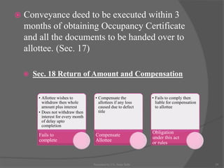  Conveyance deed to be executed within 3
months of obtaining Occupancy Certificate
and all the documents to be handed over to
allottee. (Sec. 17)
 Sec. 18 Return of Amount and Compensation
• Allottee wishes to
withdraw then whole
amount plus interest
• Does not withdraw then
interest for every month
of delay upto
completion
Fails to
complete
• Compensate the
allottees if any loss
caused due to defect
title
Compensate
Allottee
• Fails to comply then
liable for compensation
to allottee
Obligation
under this act
or rules
29Presented by CA. Neha Sethi
 