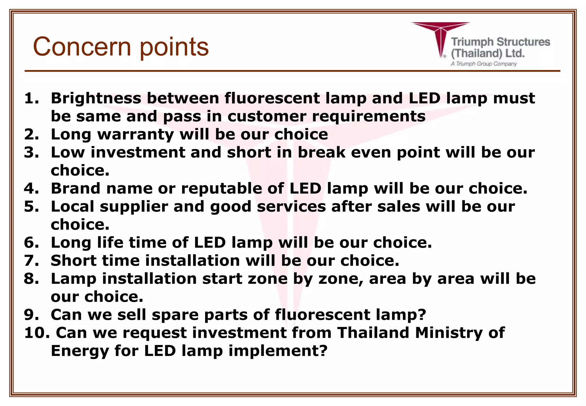 Concern points
1. Brightness between fluorescent lamp and LED lamp must
be same and pass in customer requirements
2. Long warranty will be our choice
3. Low investment and short in break even point will be our
choice.
4. Brand name or reputable of LED lamp will be our choice.
5. Local supplier and good services after sales will be our
choice.
6. Long life time of LED lamp will be our choice.
7. Short time installation will be our choice.
8. Lamp installation start zone by zone, area by area will be
our choice.
9. Can we sell spare parts of fluorescent lamp?
10. Can we request investment from Thailand Ministry of
Energy for LED lamp implement?
 