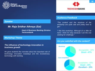 He gave students the overview about the important role of
technology innovation nowadays and the revolutionary
technology with banking.
Audience Feedback
Speaker
Workshop Theme
The influence of technology innovation in
business growth
18
Mr. Raja Sridhar Athreya (Sai)
Head of Business Banking Division
Techcombank
“The content and the structure of the
workshop are quite vast and pretty hard to
get.“
“I like this workshop. Although it‟s a little bit
hard, I think it‟s okay because I am the one
seeking for challenge.”
Acceptable - 33%
Good – 67%
Workshop
Case competition
Acceptable - 33%
Good – 33%
Excellent – 33%
Are you satisfied with the content?
 