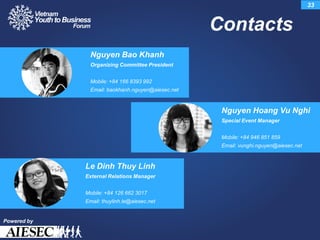 Contacts
33
Powered by
Nguyen Bao Khanh
Organizing Committee President
Mobile: +84 166 8393 992
Email: baokhanh.nguyen@aiesec.net
Nguyen Hoang Vu Nghi
Special Event Manager
Mobile: +84 946 851 859
Email: vunghi.nguyen@aiesec.net
Le Dinh Thuy Linh
External Relations Manager
Mobile: +84 126 662 3017
Email: thuylinh.le@aiesec.net
 