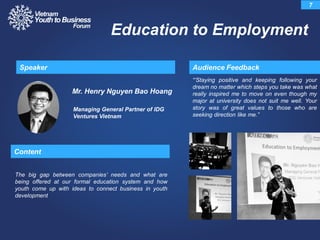 Mr. Henry Nguyen Bao Hoang
Managing General Partner of IDG
Ventures Vietnam
“„Staying positive and keeping following your
dream no matter which steps you take was what
really inspired me to move on even though my
major at university does not suit me well. Your
story was of great values to those who are
seeking direction like me.”
Audience FeedbackSpeaker
7
Education to Employment
Content
The big gap between companies‟ needs and what are
being offered at our formal education system and how
youth come up with ideas to connect business in youth
development
 