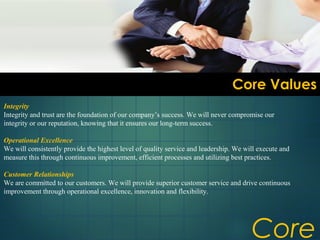 Integrity
Integrity and trust are the foundation of our company’s success. We will never compromise our
integrity or our reputation, knowing that it ensures our long-term success.
Operational Excellence
We will consistently provide the highest level of quality service and leadership. We will execute and
measure this through continuous improvement, efficient processes and utilizing best practices.
Customer Relationships
We are committed to our customers. We will provide superior customer service and drive continuous
improvement through operational excellence, innovation and flexibility.
Core ValuesCore Values
Core
 
