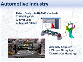 Automotive Industry
Fixture Designs to NAAMS standards
 Welding Cells
 Rivet Cells
 Manual / Robot
Assembly Jig Design
Closure Fitting Jigs
 Across Car Fitting Jigs
 