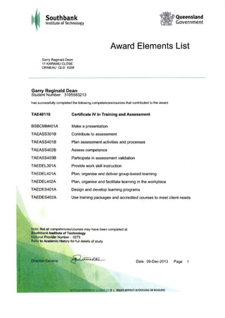 )
Southbank
lnstitute of Technology
Queensland
Government
Award Elements List
Garry Reginald Dean
11 KARAMU CLOSE
ORMEAU QLD 4208
Garry Reginald Dean
Student Number: 3105583213
has successfully completed the following competencies/courses that contributed to the award
TAE40r10 Certificate lV in Training and Assessment
BSBCMM4OlA
TAEASS3OlB
TAEASS4OlB
TAEASS4O2B
TAEASS403B
TAEDEL3OlA
TAEDEL4OlA
TAEDEL4O2A
TAEDES4OlA
TAEDES4O2A
Make a presentation
Contribute to assessment
Plan assessment activities and processes
Assess competence
Participate in assessment validation
Provide work skill instruction
Plan, organise and deliver group-based learning
Plan, organise and facilitate learning in the workplace
Design and develop learning programs
Use training packages and accredited courses to meet client needs
Not all competencies/courses may have been completed at
lnstitute of Technology
Provider Number : 0275
to Academic Hlstory for full details of study
Date 09-Dec-2013 Page 1
I IssUED WIHOUT ALTERATIONS OR ERÆUREs
 