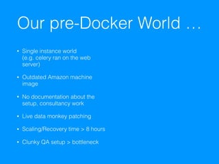 Our pre-Docker World …
• Single instance world 
(e.g. celery ran on the web
server)
• Outdated Amazon machine
image
• No documentation about the
setup, consultancy work
• Live data monkey patching
• Scaling/Recovery time > 8 hours
• Clunky QA setup > bottleneck
 