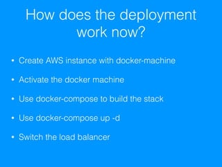 How does the deployment
work now?
• Create AWS instance with docker-machine
• Activate the docker machine
• Use docker-compose to build the stack
• Use docker-compose up -d
• Switch the load balancer
 